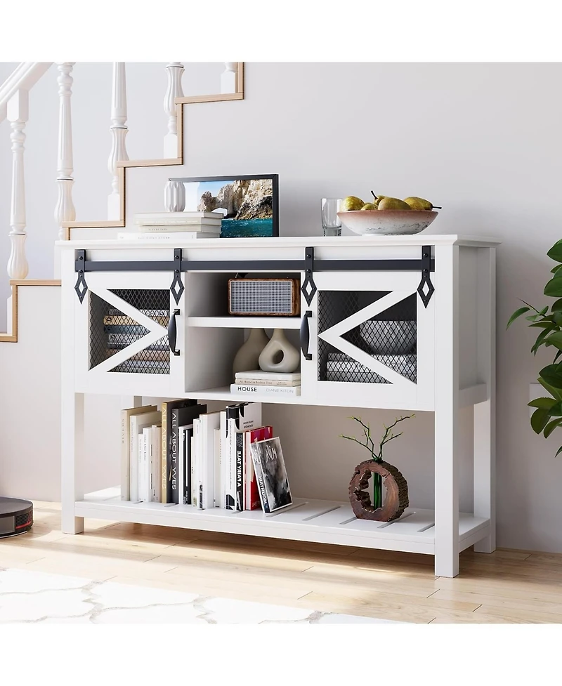 gaomon farmhouse entryway table with sliding barn doors, rustic industrial console with storage and open shelf for hallway or living room.