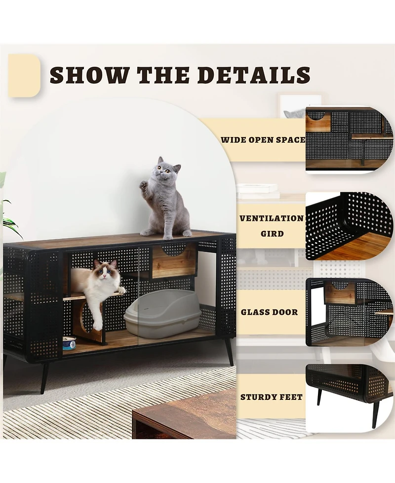 Zeus and Ruta 55.12" Spacious Glass Cat House with Tempered for Living Room, Hallway, Study Home