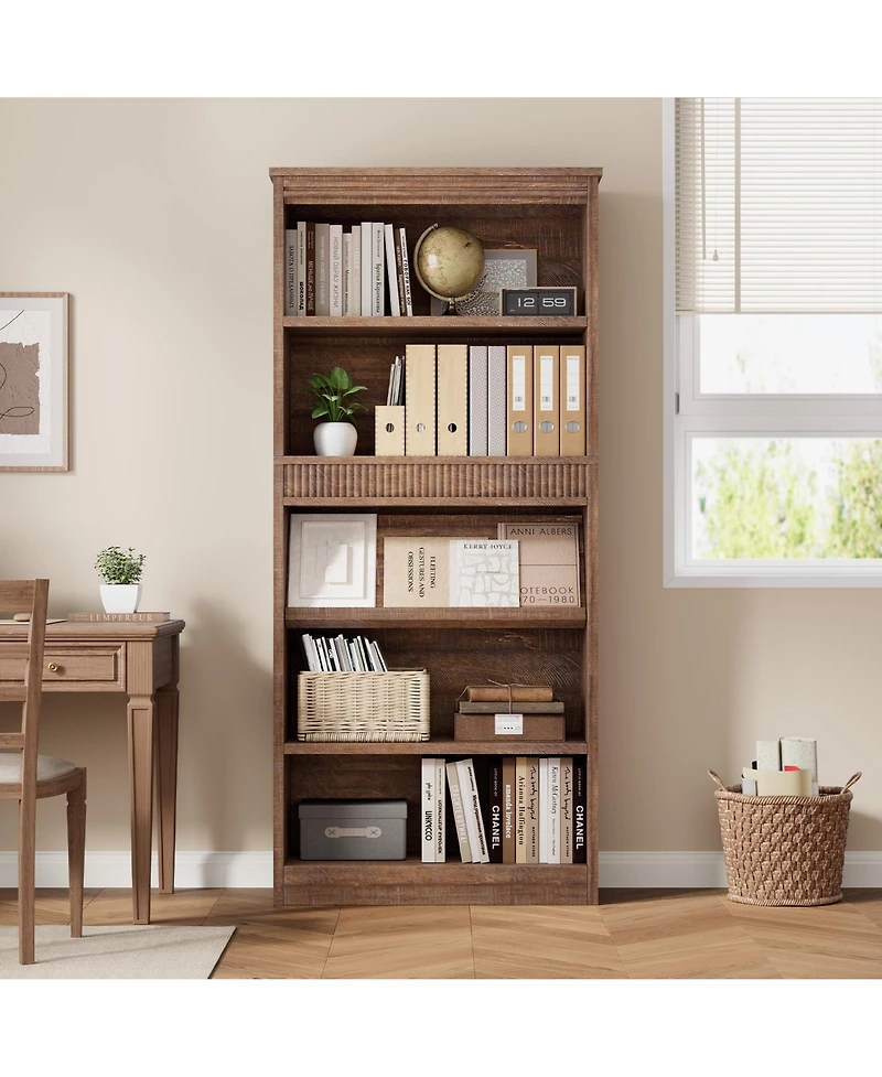 gaomon Vintage 5-Tier Wooden Bookshelf, Double Fluted Design Tall Bookcase