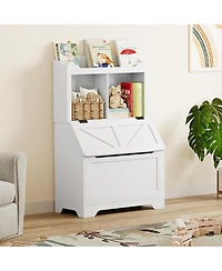 gaomon 2-Tier Kids Toy Storage Organizer with Flip-Top Lid, Wooden Toy Chest Bookshelf for Playroom