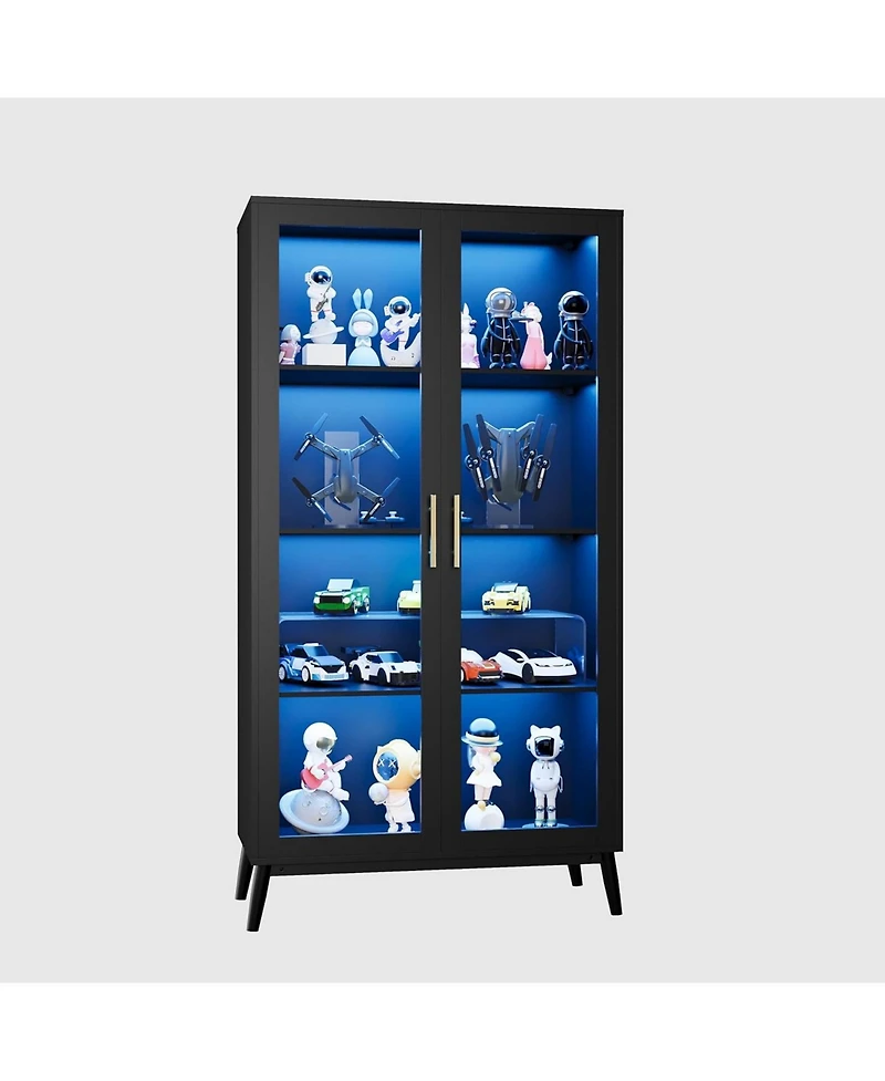gaomon Glass Display Cabinet with Rgb Lights,4 Tier Curio Cabinets with 3 Color Lights,Display Case with Human Body Sensor & Usb Ports, Corner Storage