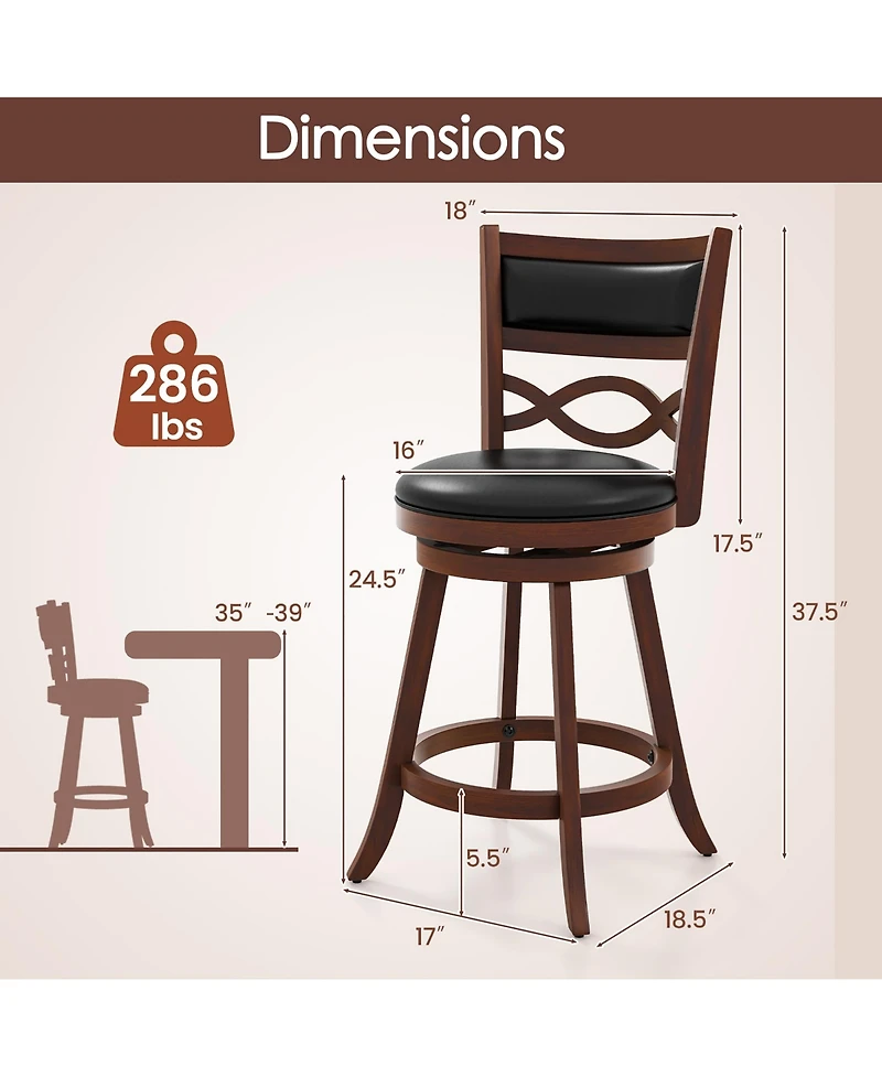 Gymax Bar Stools Set of 2 with Rubber Wood Frame Faux Leather Upholstered Seat