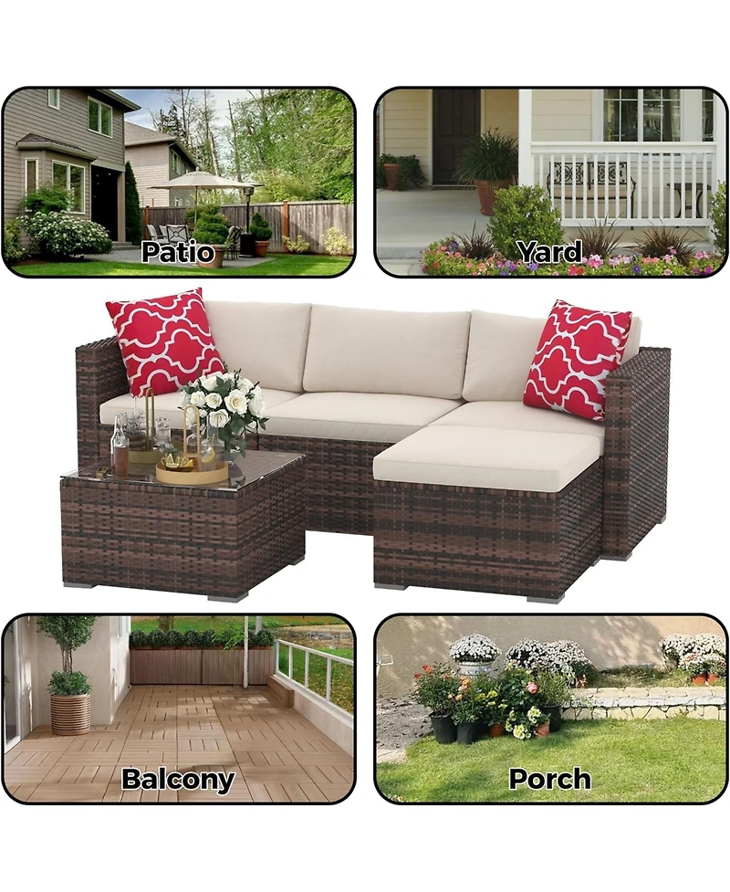 gaomonPieces Patio Furniture Set, Outdoor Glass Table and Cushions with Rattan Wicker Chairs, Set for Porch, Balcony, Backyard