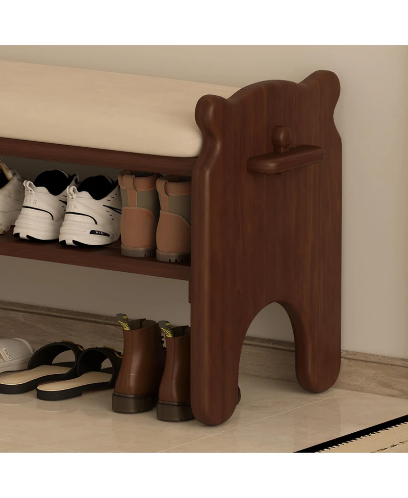 Rainsken Shoe Storage Bench, 2-Tier Wooden Entryway Bench with Faux Leather Cushion, Shoe Rack for Hallway, Living Room