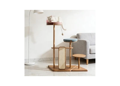 Zeus and Ruta Modern Cat Tower Cat Furniture with Veneer Shelves Solid Rubberwood Posts and Sisal and Acrylic Pod