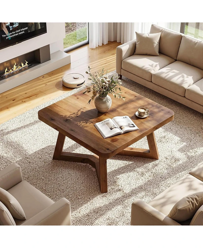 Tribesigns 31.5" Solid Wood Square Coffee Table, Farmhouse Accent Cocktail Tea Table with Double Geometric Pedestal