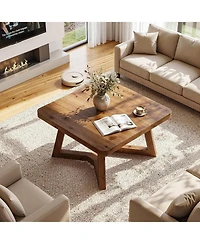 Tribesigns 31.5" Solid Wood Square Coffee Table, Farmhouse Accent Cocktail Tea Table with Double Geometric Pedestal