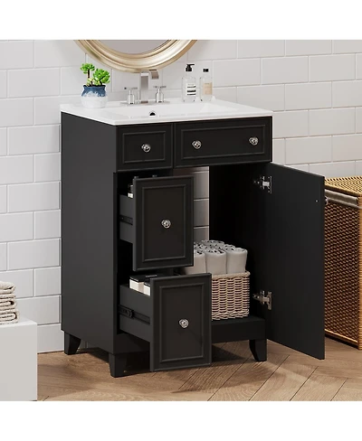 Sillysis Bathroom Vanity Cabinet with Ceramic Sink, 2 Drawers and Door, Compact Storage for Small Spaces