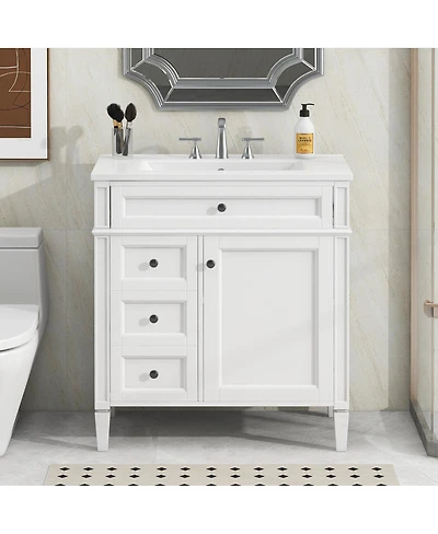 Sillysis Bathroom Vanity with Ceramic Sink, Solid Wood Cabinet, Ample Storage Drawers Adjustable Shelf for Small