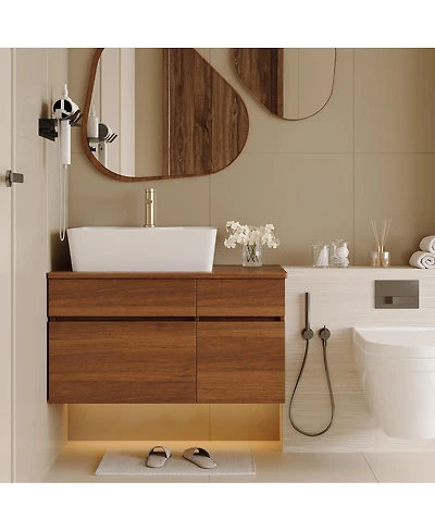 Sillysis Floating Bathroom Vanity with Vessel Ceramic Sink, Soft Close Drawer, Wall Mounted for Small Spaces
