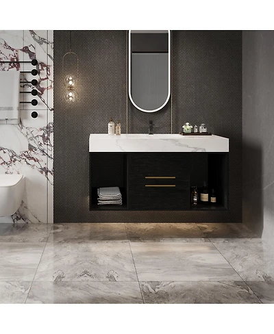 Sillysis Floating Bathroom Vanity with Ceramic Sink, Sintered Stone Top, 2 Soft Close Drawers, Wall Mounted Modern Cabinet