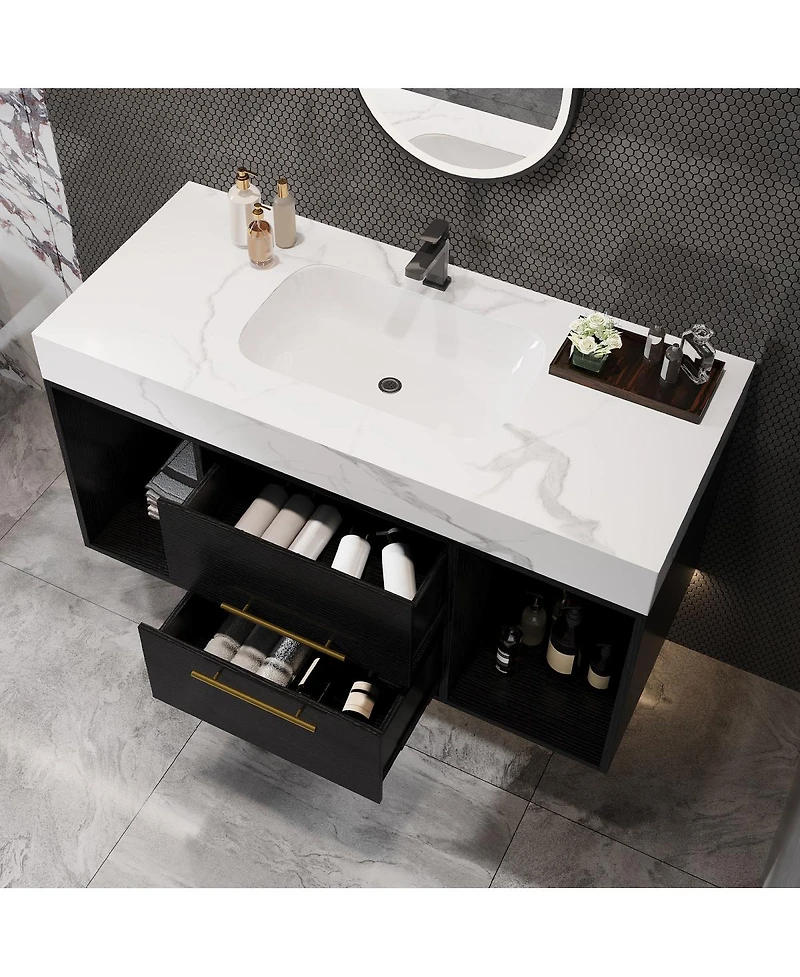 Sillysis Floating Bathroom Vanity with Ceramic Sink, Sintered Stone Top, 2 Soft Close Drawers, Wall Mounted Modern Cabinet