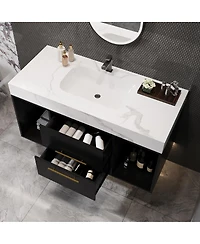 Sillysis Floating Bathroom Vanity with Ceramic Sink, Sintered Stone Top, 2 Soft Close Drawers, Wall Mounted Modern Cabinet