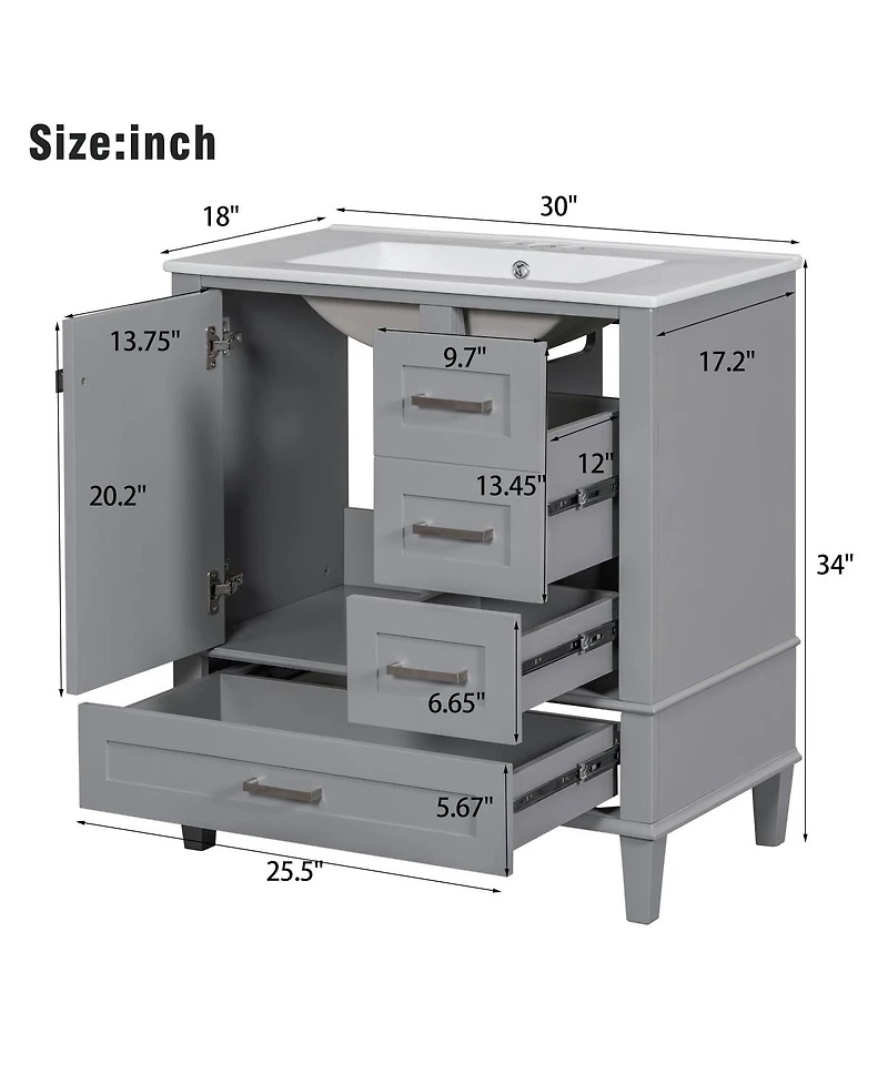 Sillysis Sage Green Bathroom Vanity with Ceramic Sink, Freestanding Solid Wood Mdf Cabinet, 3 Drawers Soft Close Door for Small Bathrooms