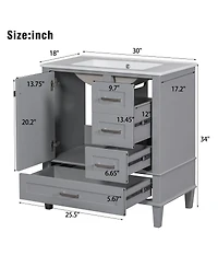 Sillysis Sage Green Bathroom Vanity with Ceramic Sink, Freestanding Solid Wood Mdf Cabinet, 3 Drawers Soft Close Door for Small Bathrooms