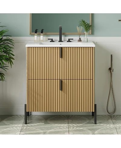 Sillysis Bathroom Vanity with Sink, Modern Fluted Mdf Cabinet, Soft Close Full-Extension Drawers for Small Spaces