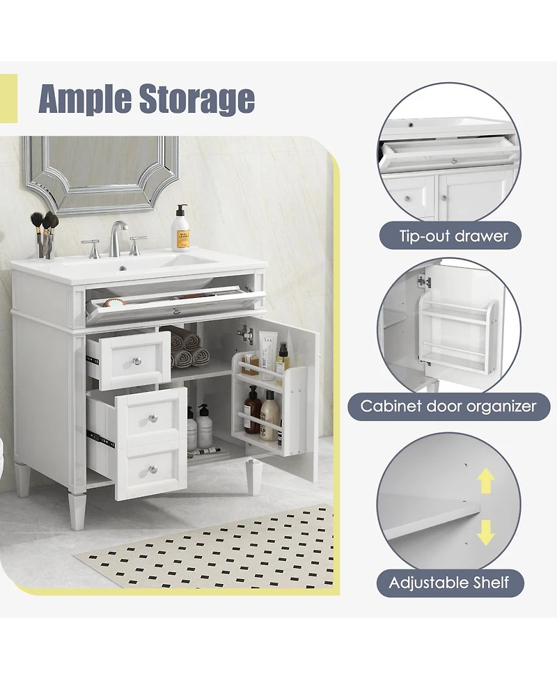 Sillysis Bathroom Vanity with Ceramic Sink, Solid Wood Cabinet, Ample Storage Drawers Adjustable Shelf for Small