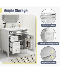 Sillysis Bathroom Vanity with Ceramic Sink, Solid Wood Cabinet, Ample Storage Drawers Adjustable Shelf for Small