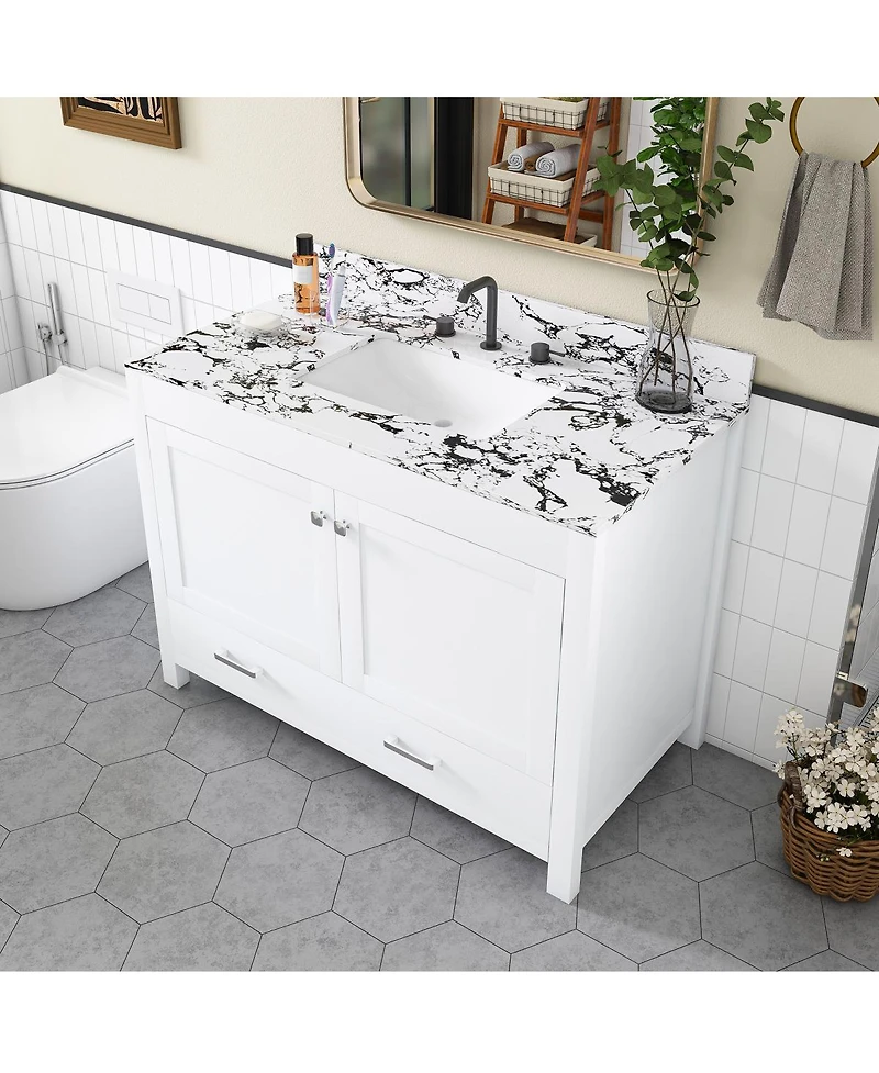 Sillysis Modern Bathroom Vanity with Marble-Style Top, Large Drawer Storage, Soft Close Doors