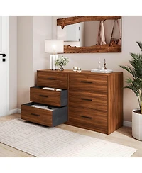 Flynama Modern 5 Drawer Dresser Wood Fabric Drawers Cabinet with Rattan Details