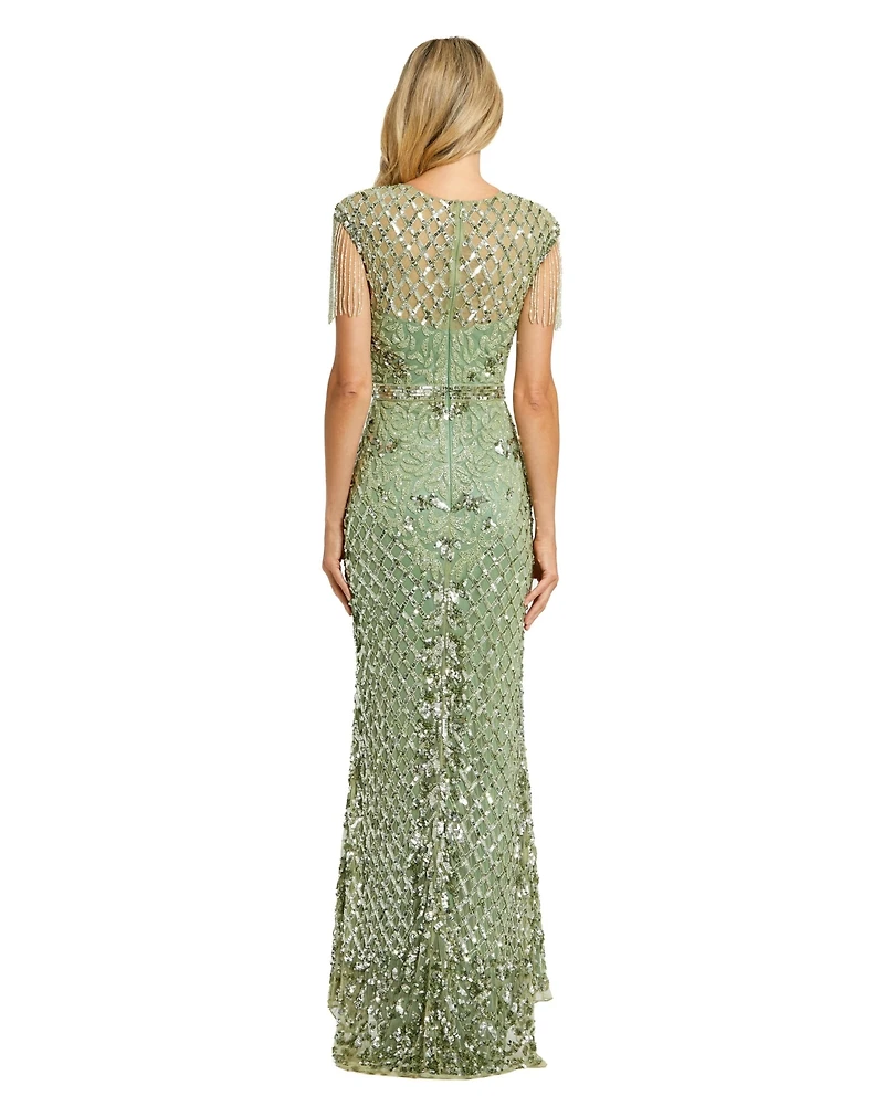 Mac Duggal Petite Beaded Fringe High-Neck Fitted Evening Gown