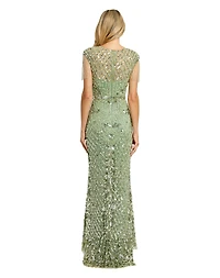 Mac Duggal Petite Beaded Fringe High-Neck Fitted Evening Gown