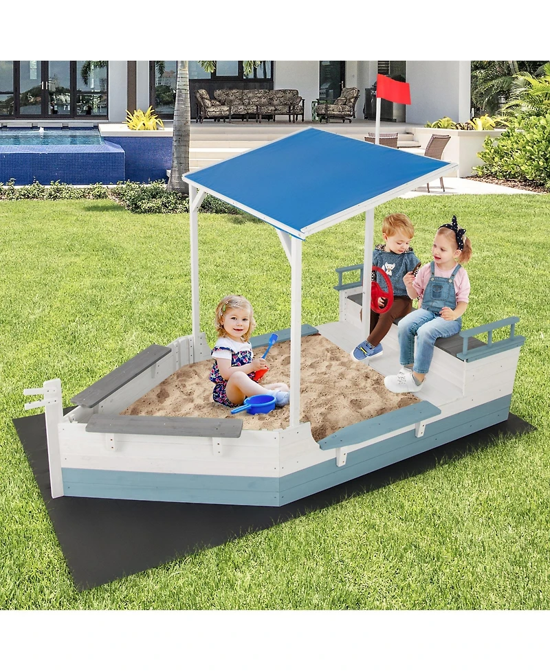 Slickblue Kids Pirate Ship Sandbox with Shade Canopy and Bench Seating