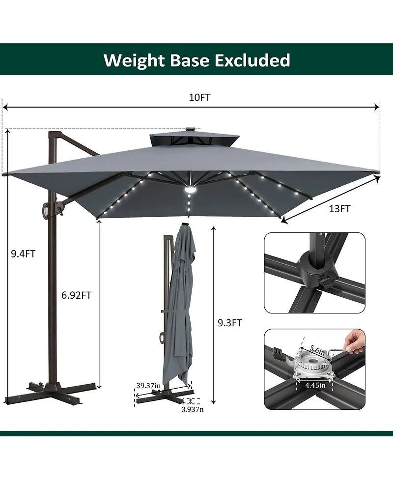 Pellebant Outdoor Patio 10X13FT Aluminum Double Canopy Led Solar Lights Cantilever Umbrella