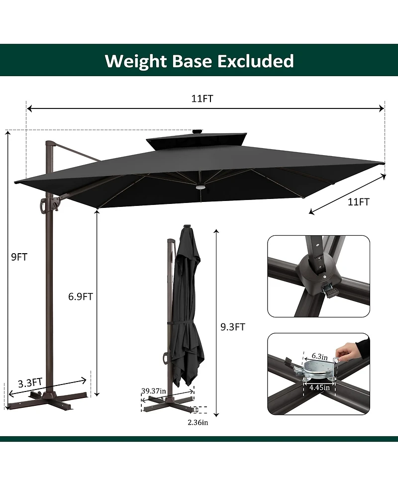 Pellebant Outdoor Patio 11x11FT Aluminum Double Canopy Solar Lights Cantilever Umbrella