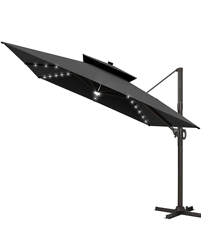 Pellebant Outdoor Patio 11x11FT Aluminum Double Canopy Solar Lights Cantilever Umbrella