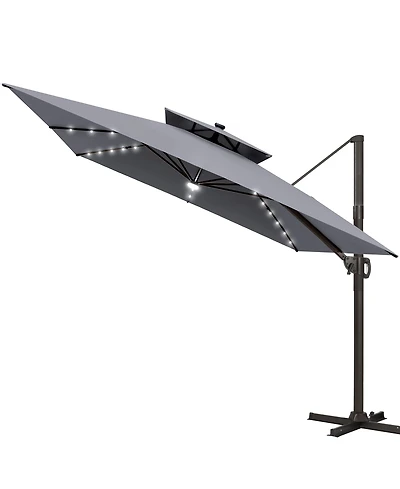 Pellebant Outdoor Patio 11x11FT Aluminum Double Canopy Solar Lights Cantilever Umbrella