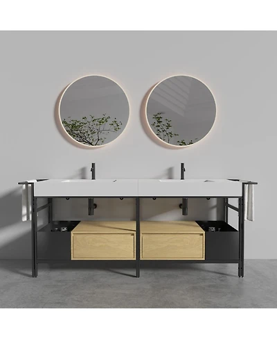 Sillysis 72'' Industrial Double Bathroom Vanity with Artificial Stone Sinks, Large Freestanding Bathroom Vanity without Faucet