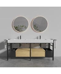 Sillysis 72'' Industrial Double Bathroom Vanity with Artificial Stone Sinks, Large Freestanding Bathroom Vanity without Faucet