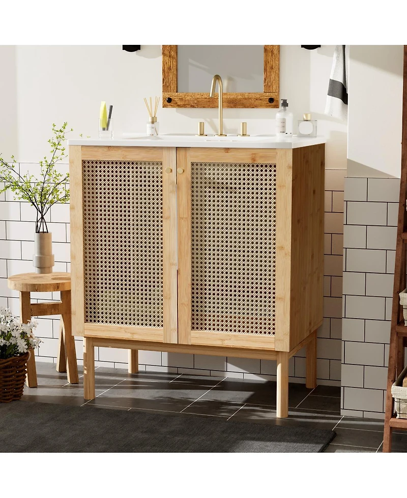 Sillysis 30"Bathroom Vanity with Ceramic Sink, Bamboo Frame & Rattan Doors, Ample Storage for Modern Small Space