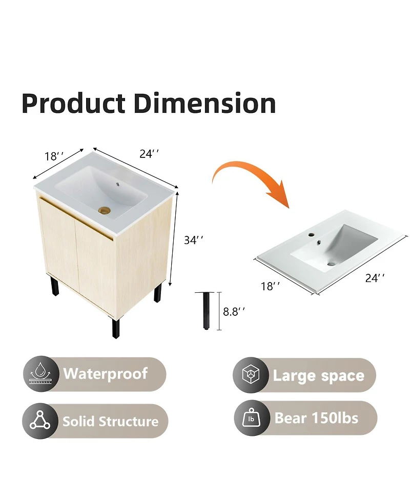 Sillysis 24" Bathroom Vanity with Sink, Floor Standing or Wall Mounted, Large Storage Waterproof Cabinet for Small