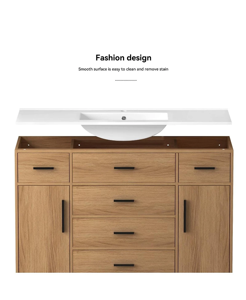 Sillysis 48" Light Oak Bathroom Vanity with Resin Top, 6 Drawers and 2 Soft Close Doors, Transitional Storage for Modern