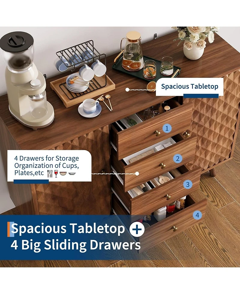 gaomon Sideboard Cabinet with 4 Drawers, Buffet Cabinet with Storage,Mid Century Modern Sideboards with 2 Door, Kitchen, Dining, Living Room