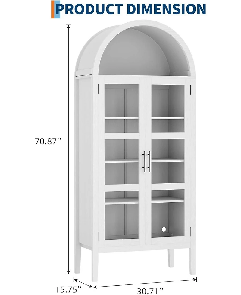 gaomon 70 in Tall Arched Kitchen Pantry Cabinet with Led Lights, Modern Wood Arched Bookshelf with Glass Doors and Adjustable Shelves
