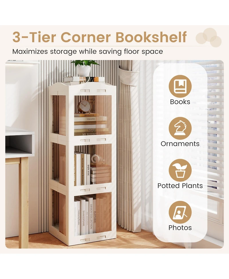 Sugift 3-Tier Foldable Rotating Bookshelf with Swivel Base and Translucent Panels