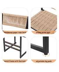 Rainsken Paper Rope Woven Bar Stools Set of 2, 25'' Counter Height Chairs with Back, Footrest for Kitchen Island, Home Pub, Honey