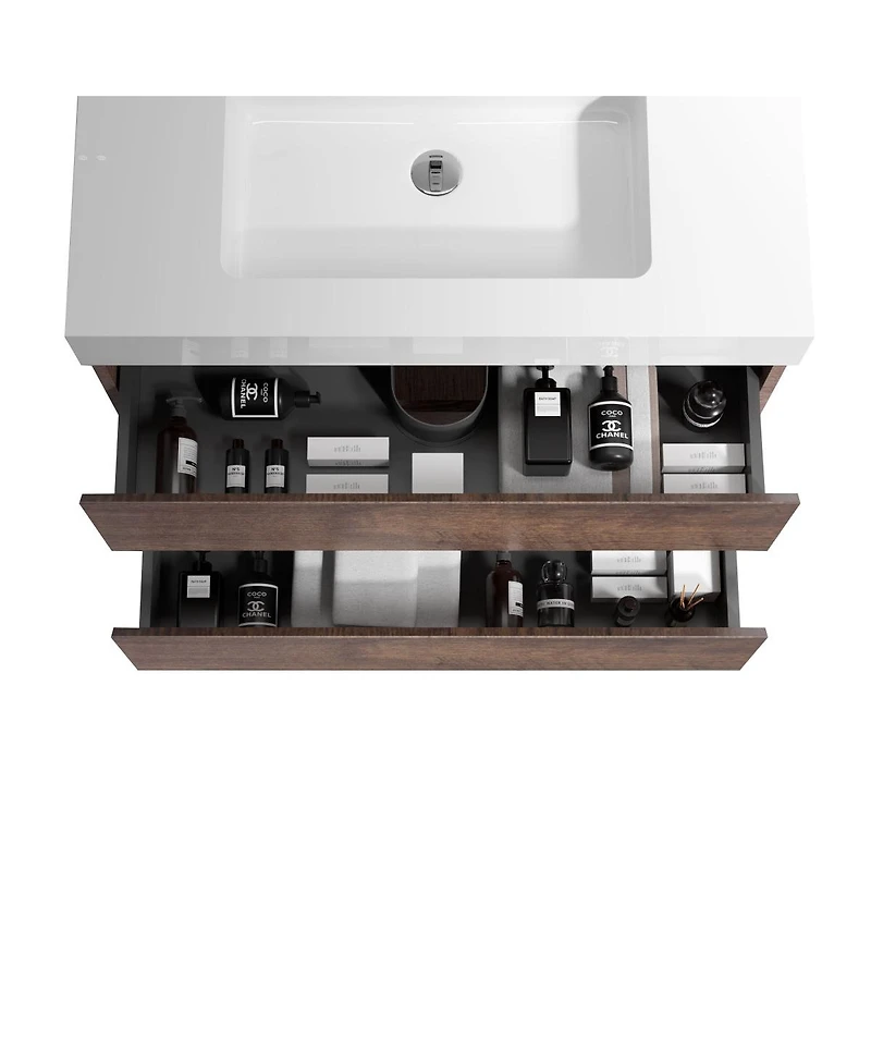 Sillysis 24" Modern Walnut Floating Bathroom Vanity with Sink, Wall Mounted Design with Large Storage, Pre Assembled, No Faucet