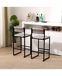 Rainsken Paper Rope Woven Bar Stools Set of 2, Modern Counter Height Chairs with Metal Frame and Footrest for Kitchen Island, Home Pub