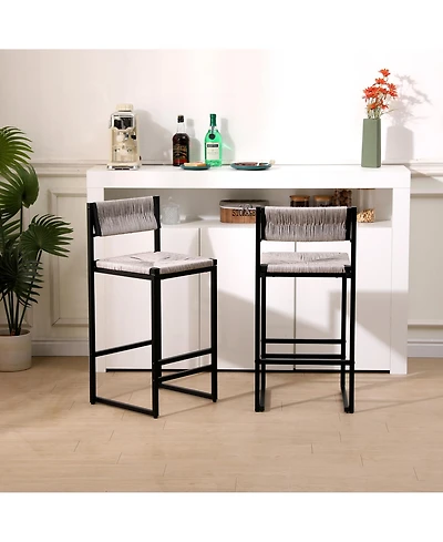 Rainsken Paper Rope Woven Bar Stools Set of 2, Modern Counter Height Chairs with Metal Frame and Footrest for Kitchen Island, Home Pub