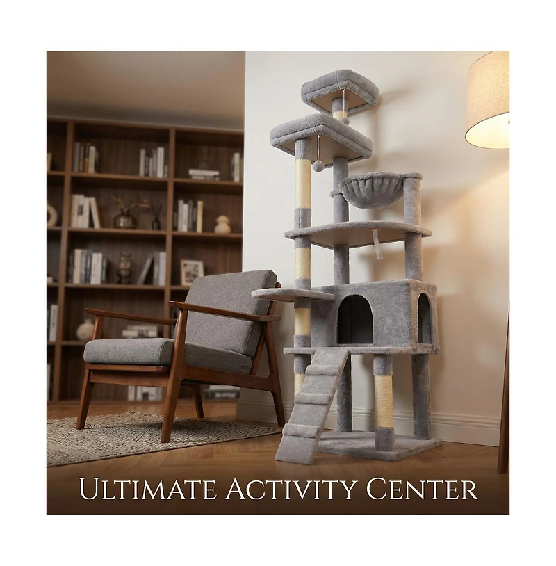 Zeus and Ruta 71 Inch Tall Multi Level Cat Tree with Hammocks and Cat Cave Scratching Posts Plush Tower for Multiple Cats