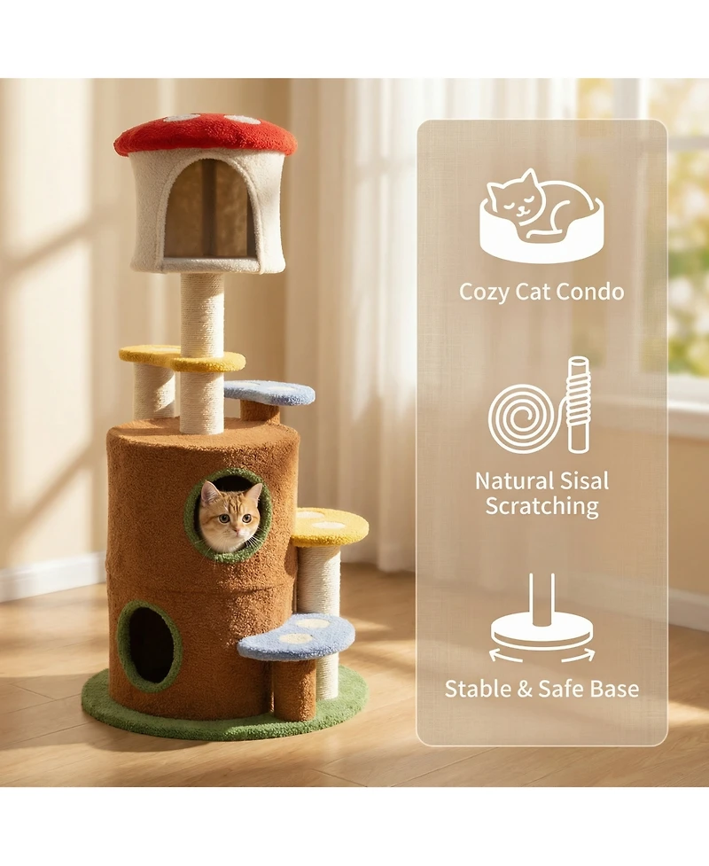 Zeus and Ruta Mushroom Cat Tree with Large Condo Platform Ladder Plush Scratching Posts for Indoor Cats Modern Pet Furniture