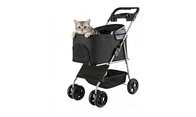 Zeus and Ruta Foldable 4 Wheels Cat Stroller with Detachable Carrier Up To 35lbs for Indoor Outdoor Use