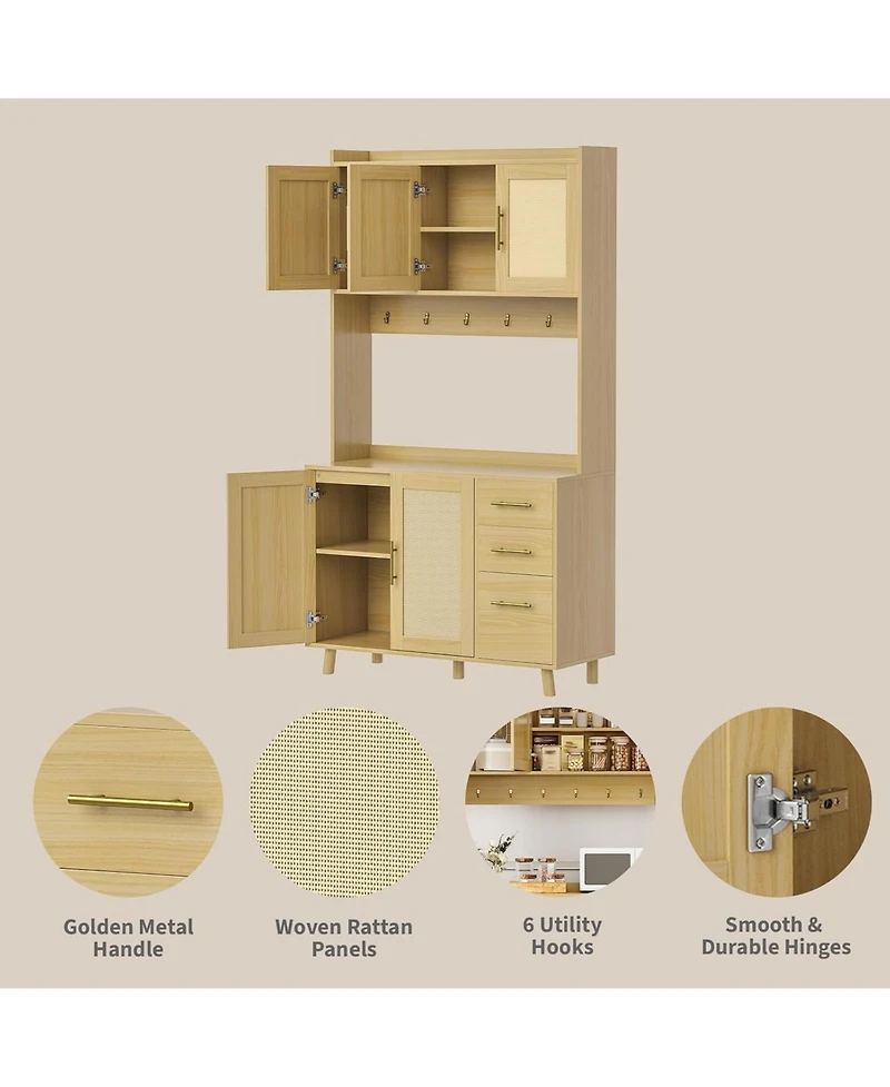 gaomon 71 in Tall Kitchen Pantry Cabinet with Microwave Shelf, Rattan Freestanding Storage Cabinet with 3 Drawers, Adjustable Shelves and 6 Hooks