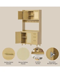 gaomon 71 in Tall Kitchen Pantry Cabinet with Microwave Shelf, Rattan Freestanding Storage Cabinet with 3 Drawers, Adjustable Shelves and 6 Hooks