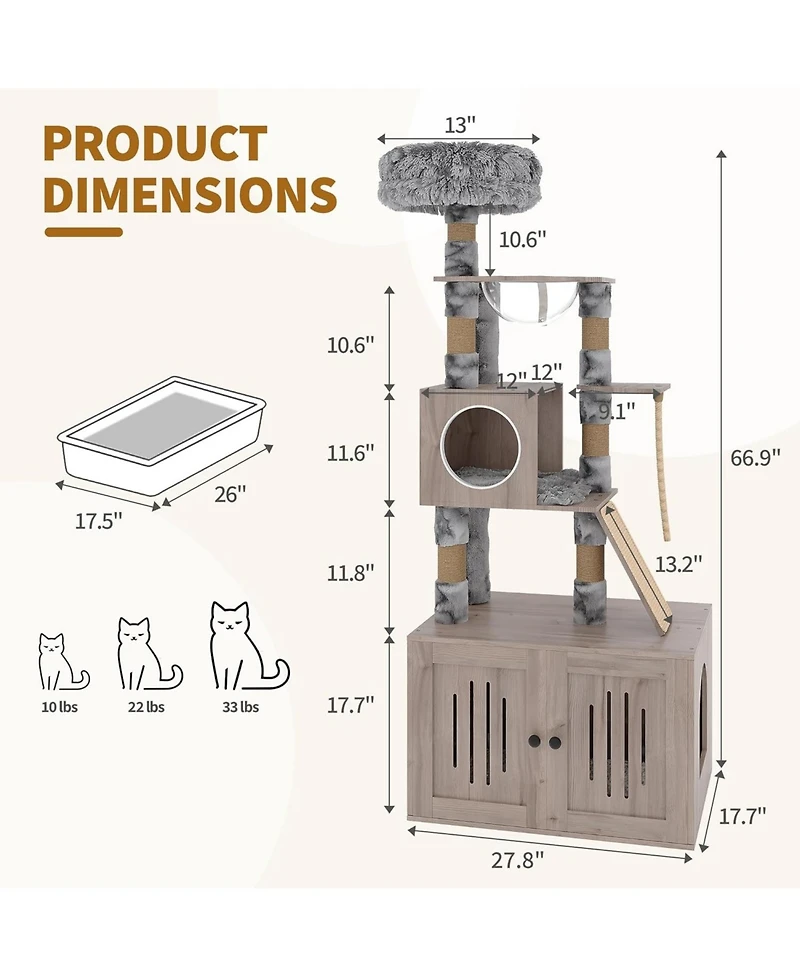 gaomon Cat Tree, 66.9-Inch Cat Tower with Litter Box Enclosure, with Hammock, Washable