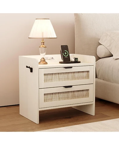 gaomon Rattan Nightstand, Bedside Table with Type-c Charging Station - 2 Storage Drawer Space, Boho End Table Side Table for Bedroom Office